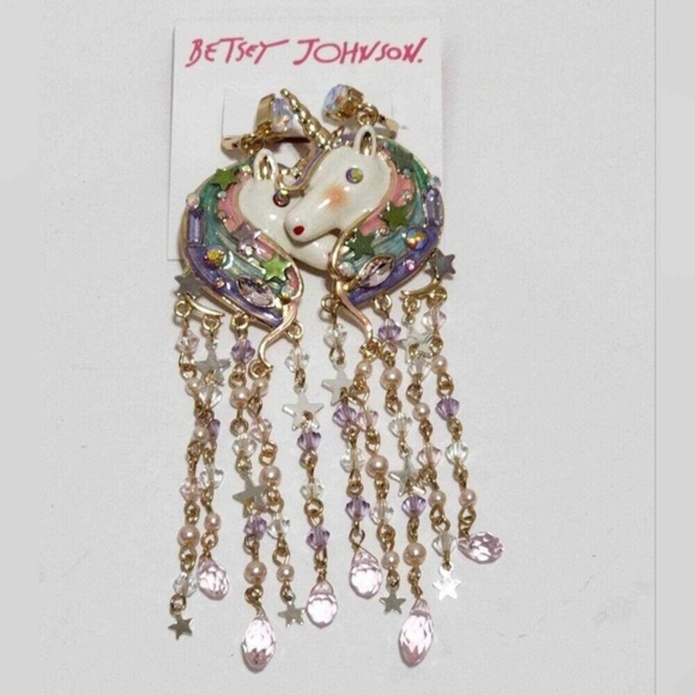 Betsey Johnson Enchanted Unicorn Dangle Earrings Rainbow Crystals Stars Pearls‎